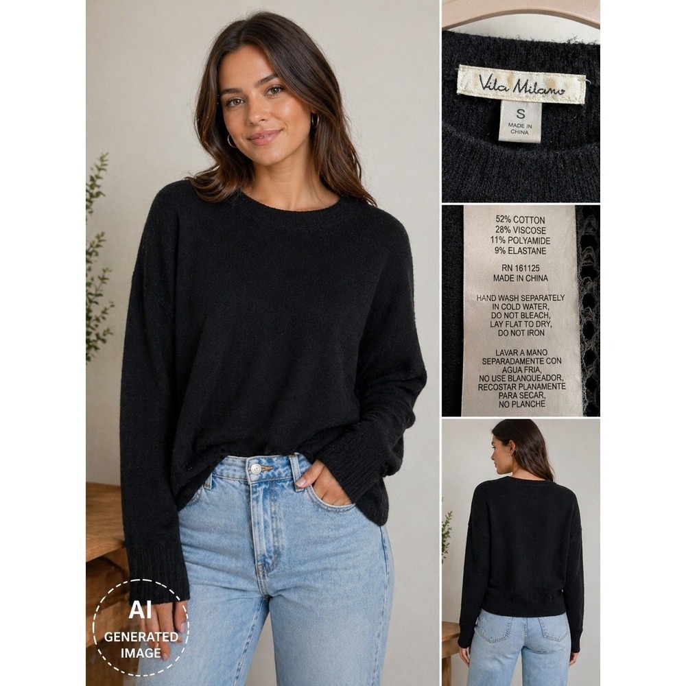 Vila Milano Black Knit Sweater Womens Small Crew Neck Stretch Top